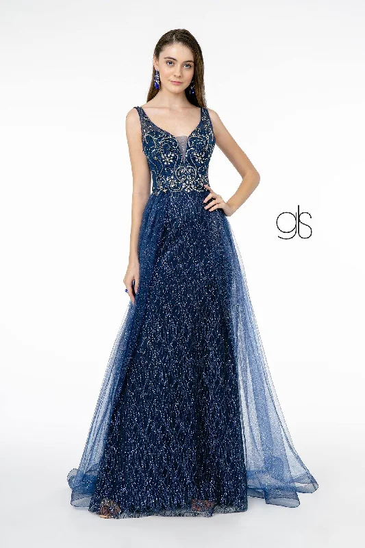 Dreamy Tulle Skirt Jeweled Bodice Glitter Mesh A-Line Long Prom Dress