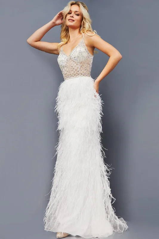 Off-White Gown Jovani 08525 Long Spaghetti Strap Feather Skirt Prom Dress