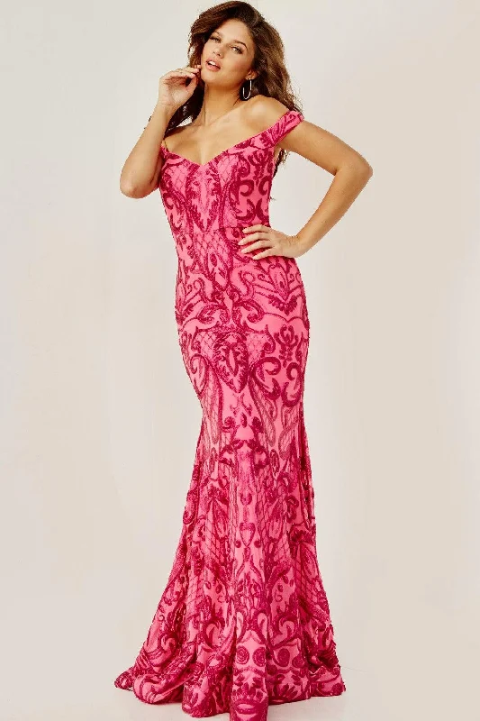 Romantic Evening Gown Jovani 08647 Long Off Shoulder Fitted Prom Dress