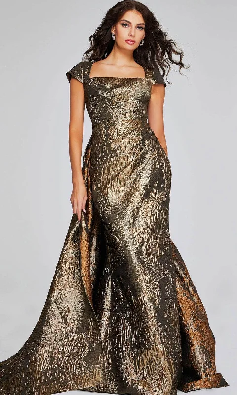 Polka Dot Gown Jovani 40295 - Square Neck Gold Textured Evening Gown