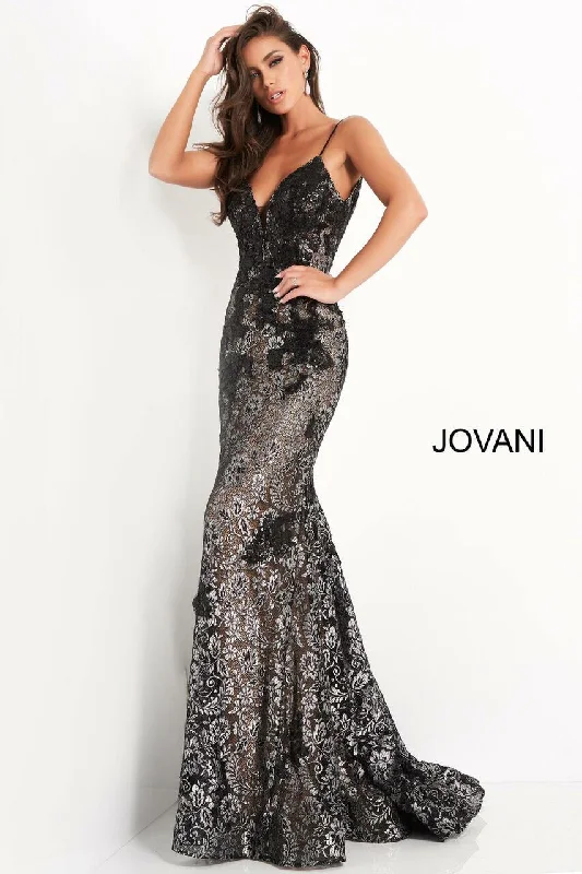 Floral Embroidery Dress Jovani 06438 Prom Long Spaghetti Strap Lace Dress