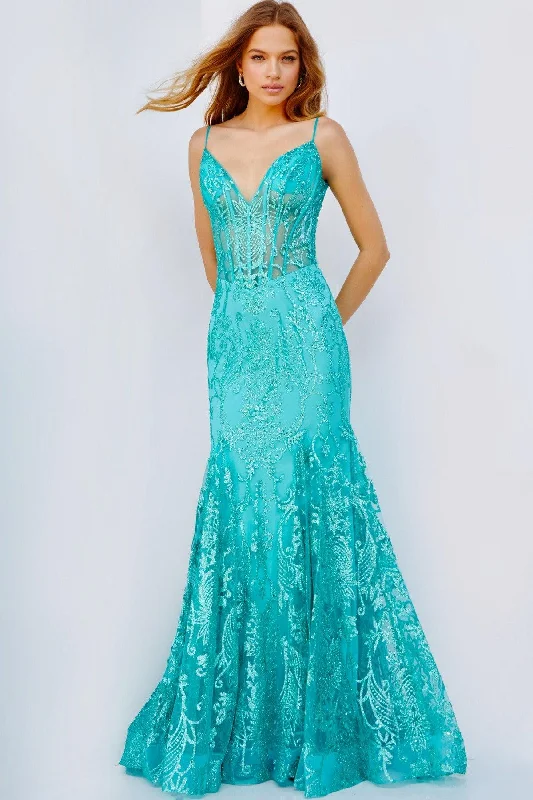 Regal Velvet Gown Jovani 22388 Long Spaghetti Strap Lace Mermaid Prom Gown