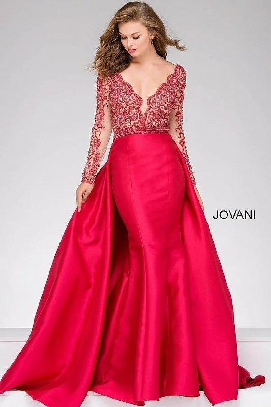 Glittering Evening Gown Jovani 46708 Long Sleeve Mermaid Over Skirt Prom Dress