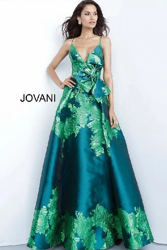 Romantic Floral Dress Jovani 02046 Long Spaghetti Straps Floral Dress