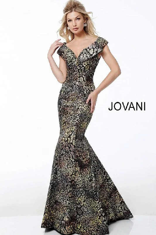 Brocade Formal Dress Jovani 61148 Off Shoulder Mermaid Long Prom Dress