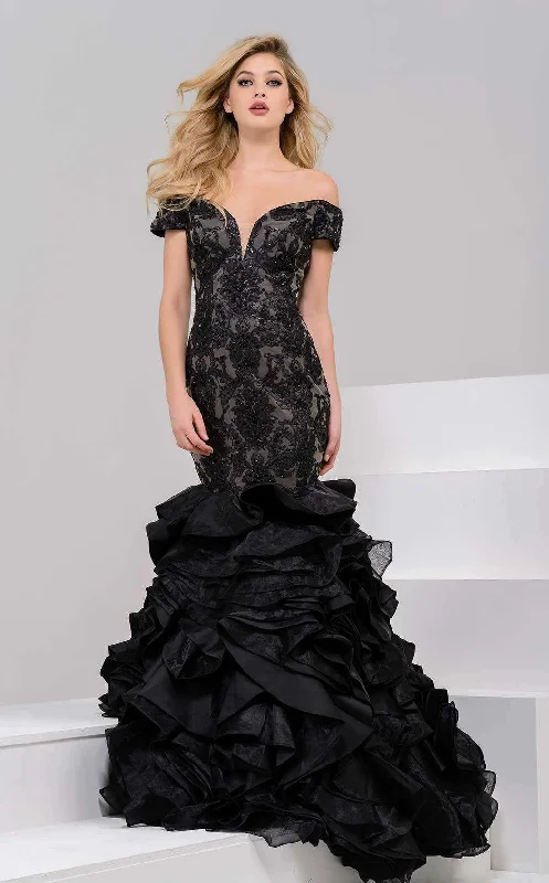 Stunning Applique Dress Jovani 39746 Off Shoulder Mermaid Long Prom Gown