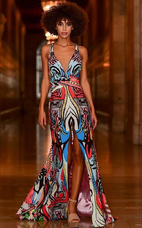 Ethereal Formal Gown Jovani 04986 Long Front Slit Sleeveless Print Dress
