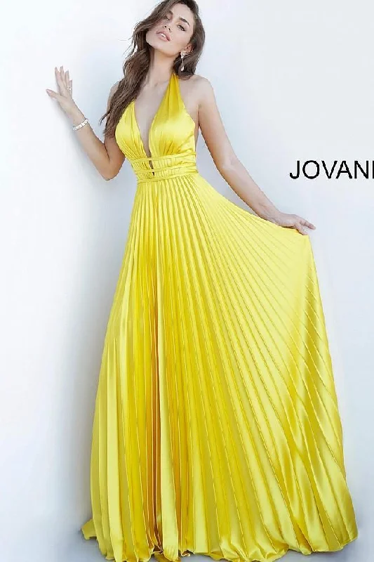 Luxe Embroidered Gown Jovani 00637 Prom Long Halter Pleated Satin Dress