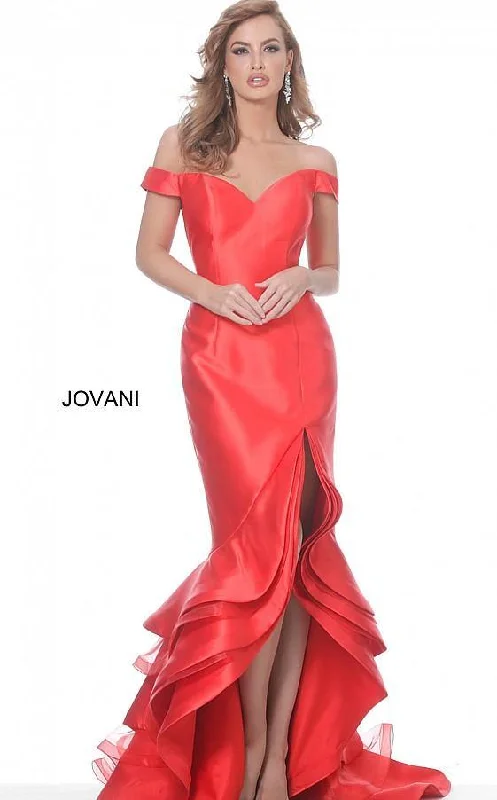 Chic Formal Gown Jovani 3823 Prom Off Shoulder High Low Mermaid Gown