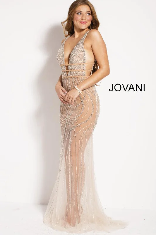 Halter Gown Jovani 51272 Sparkling Sheer Plunging Long Evening Dress