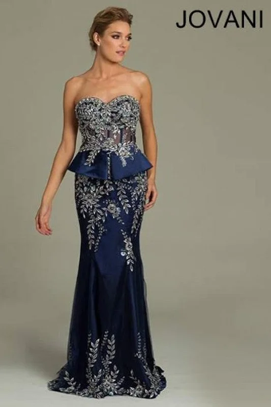 Sophisticated Party Dress Jovani 90329 Strapless Floral Long Peplum Prom Dress