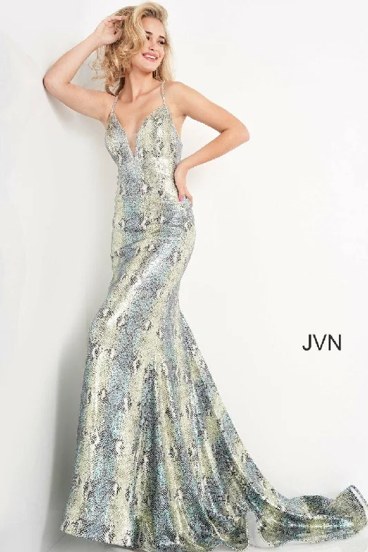 One-Shoulder Satin Dress Jovani 05800 Long Prom Animal Print Dress