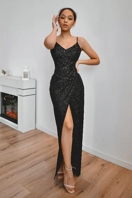 Dazzling Evening Dress Black Sparkly Evening Dress Leona with Front Slit