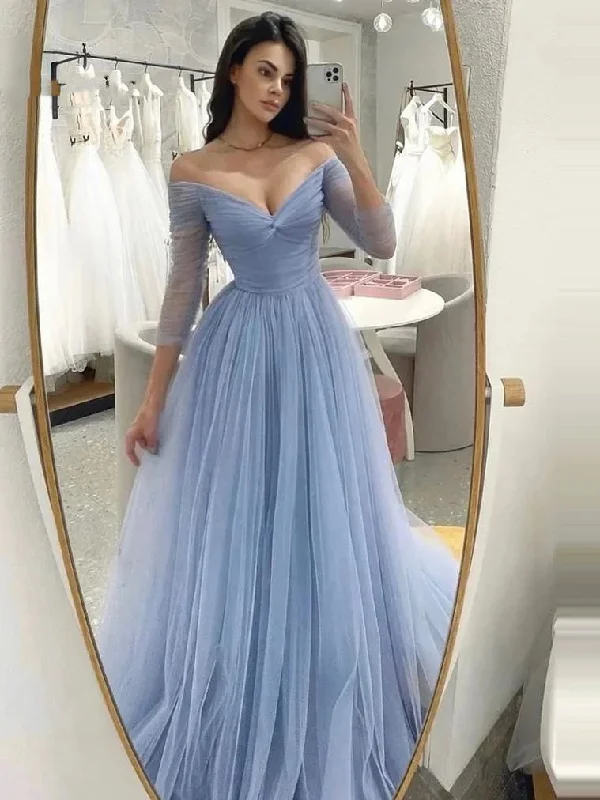 Glam Ball Gown Light Blue Off Shoulder Prom Dresses V-Neck Simple Tulle A-Line Evening Gowns Long Sleeves Bridesmaid Dress for Wedding 2023 Glam Ball Gown Light Blue Off Shoulder Prom Dresses V-Neck Simple Tulle A-Line Evening Gowns Long Sleeves Bridesmaid Dress for Wedding 2023