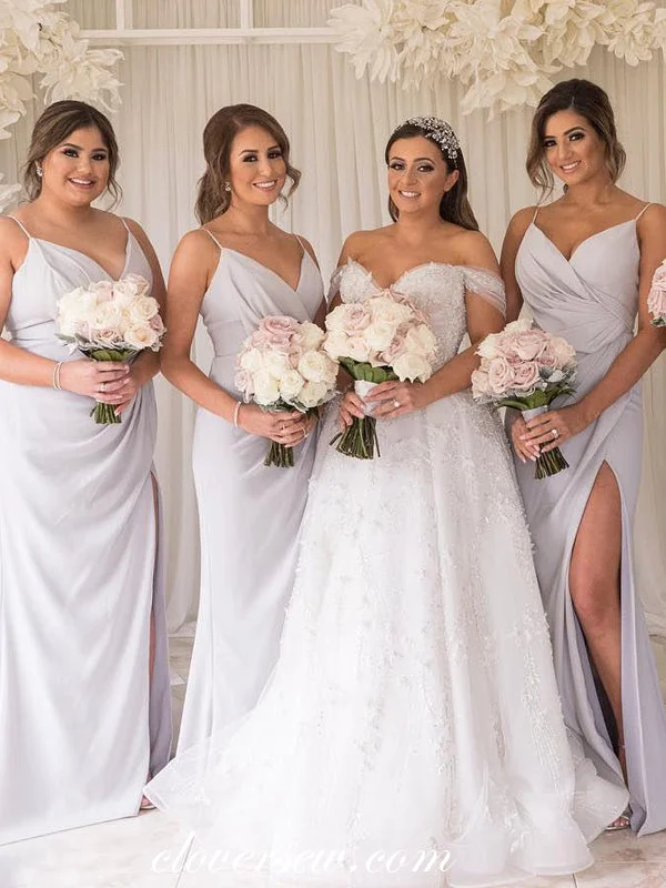 Sheer Panel Dress Light Grey Chiffon Pleat Sheath Bridesmaid Dresses With Slits, CB0189 Sheer Panel Dress Light Grey Chiffon Pleat Sheath Bridesmaid Dresses With Slits, CB0189