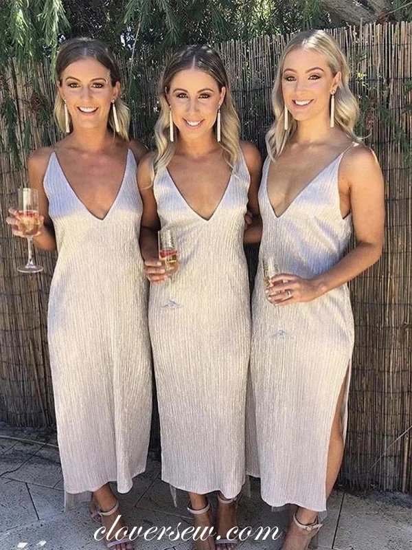 Modern Ball Gown Light Grey Pleating Chiffon V-neck With Slit Bridesmaid Dresses,CB0147 Modern Ball Gown Light Grey Pleating Chiffon V-neck With Slit Bridesmaid Dresses,CB0147