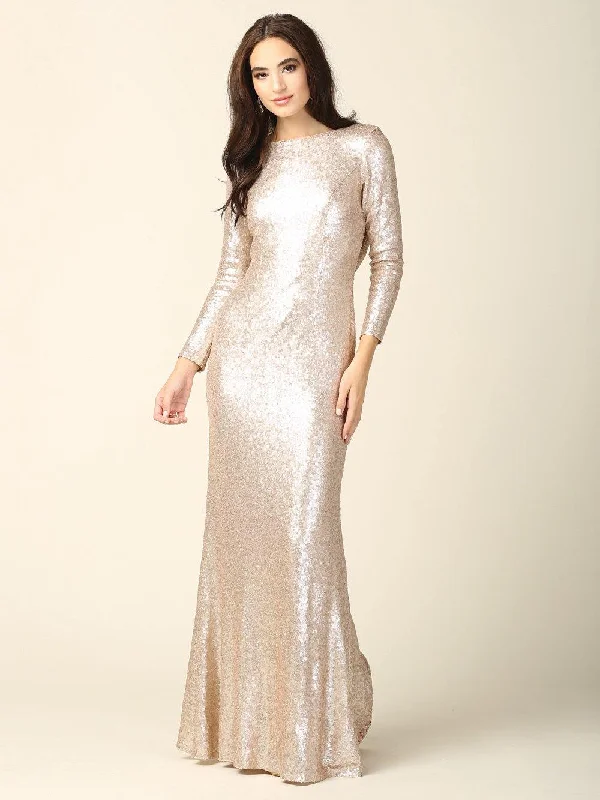 Gold Embellished Gown Long Sleeve Formal Evening Prom Dress