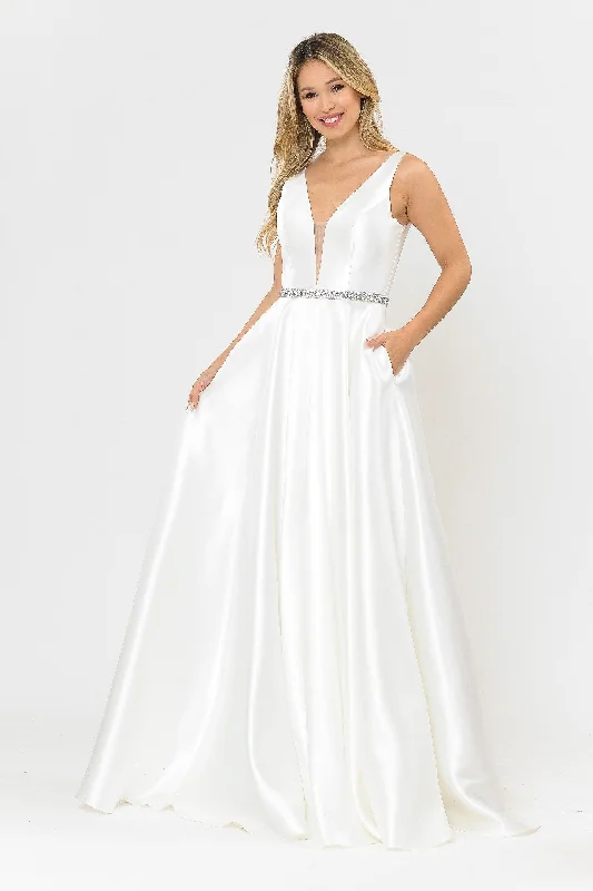 Metallic Formal Dress Long Illusion V-Neck Mikado Dress by Poly USA 8682
