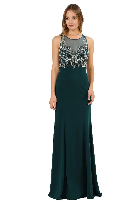 Classic Couture Dress Long Jersey Dress with Sheer Embroidered Bodice by Poly USA 8348 Classic Couture Dress Long Jersey Dress with Sheer Embroidered Bodice by Poly USA 8348