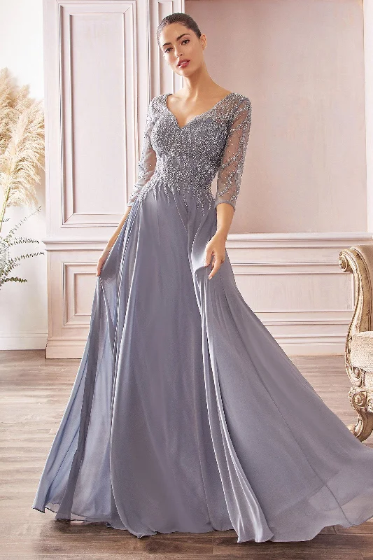 Lace Overlay Dress 3/4 Sleeve Chiffon Gown by Cinderella Divine CD0171