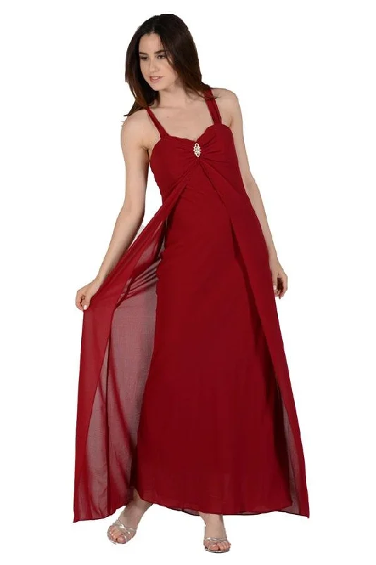 Chic Satin Dress Long Sleeveless Chiffon Dress with Brooch by Poly USA 7000
