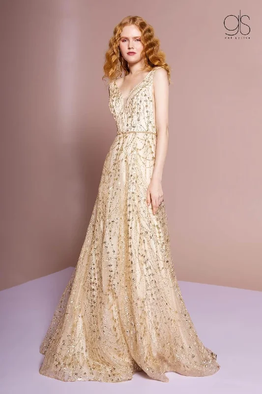 Draped Formal Dress Long Sleeveless Formal Gold Prom Dress