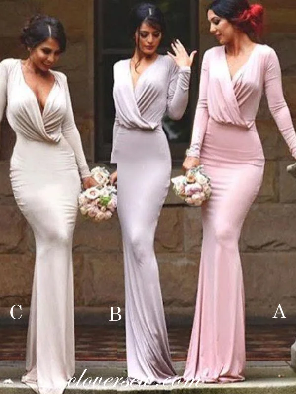 Statement Chiffon Dress Long Sleeves V-neck Sheath Elegant Bridesmaid Dresses, CB0159 Statement Chiffon Dress Long Sleeves V-neck Sheath Elegant Bridesmaid Dresses, CB0159