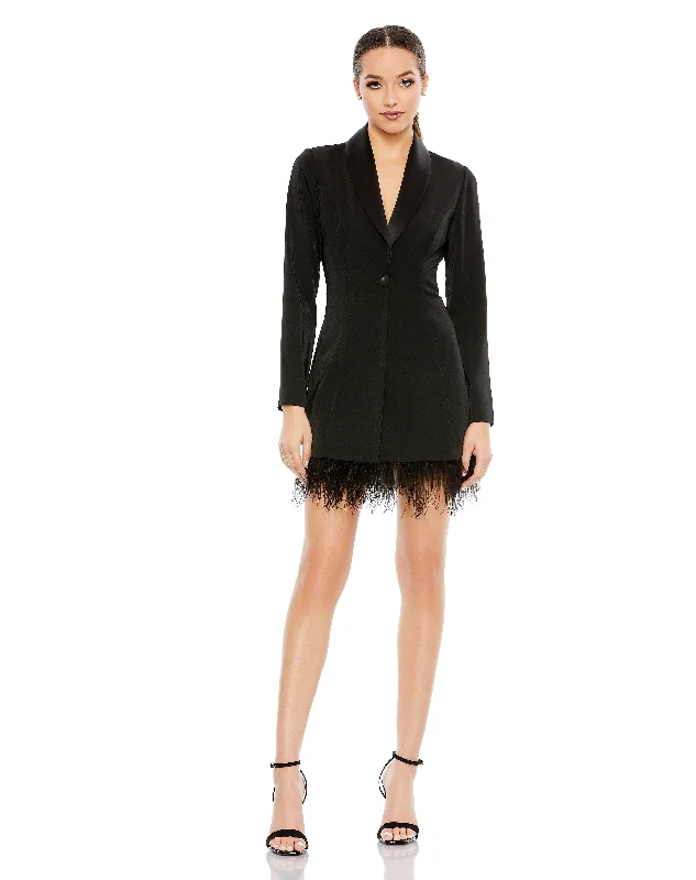 Delicate Lace Dress Mac Duggal 26510 Short Long Sleeve Tuxedo Cocktail Dress