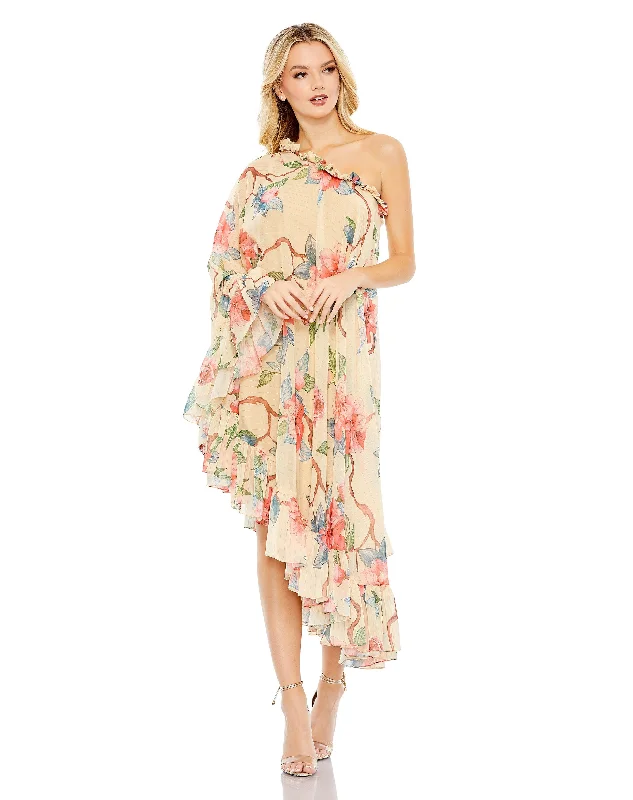 Simple Chiffon Dress Mac Duggal 55830 High Low One Shoulder Floral Print Dress