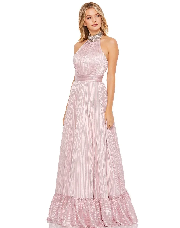 Satin Draped Gown Mac Duggal 49242 Prom Long Halter Beaded Dress