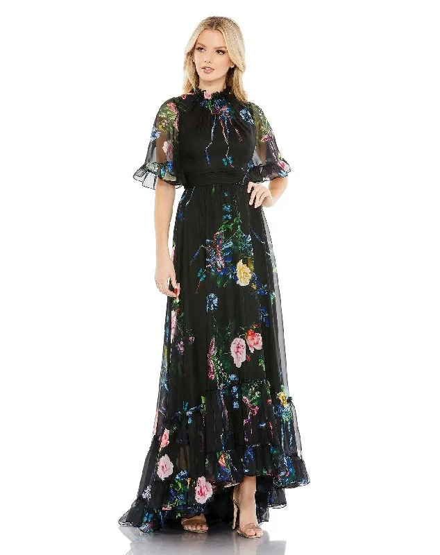 Fancy Embellished Dress Mac Duggal 68230 High Low Formal Print Chiffon Gown