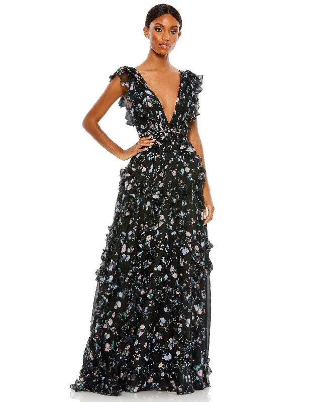 Vivid Color Gown Mac Duggal 68090 Long Cap Sleeve Formal Print Gown