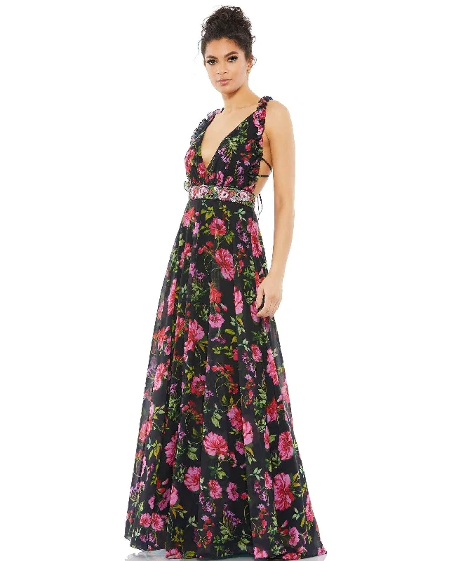 Draped Satin Gown Mac Duggal 9156 Long Formal Floral Print Prom Gown