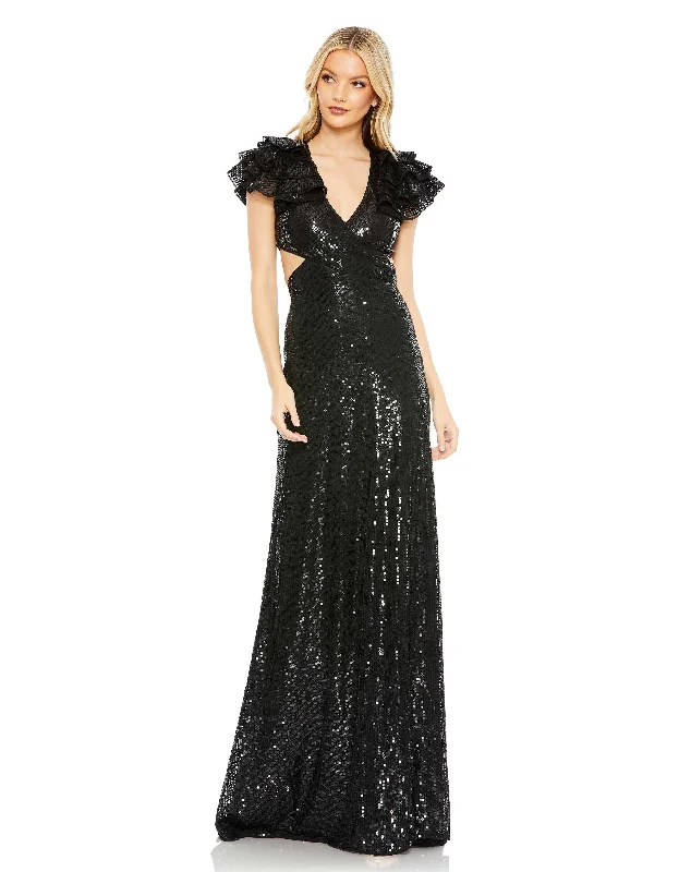 Rhinestone Embellished Dress Mac Duggal 10829 Long Ruffle Sleeve Formal Dress