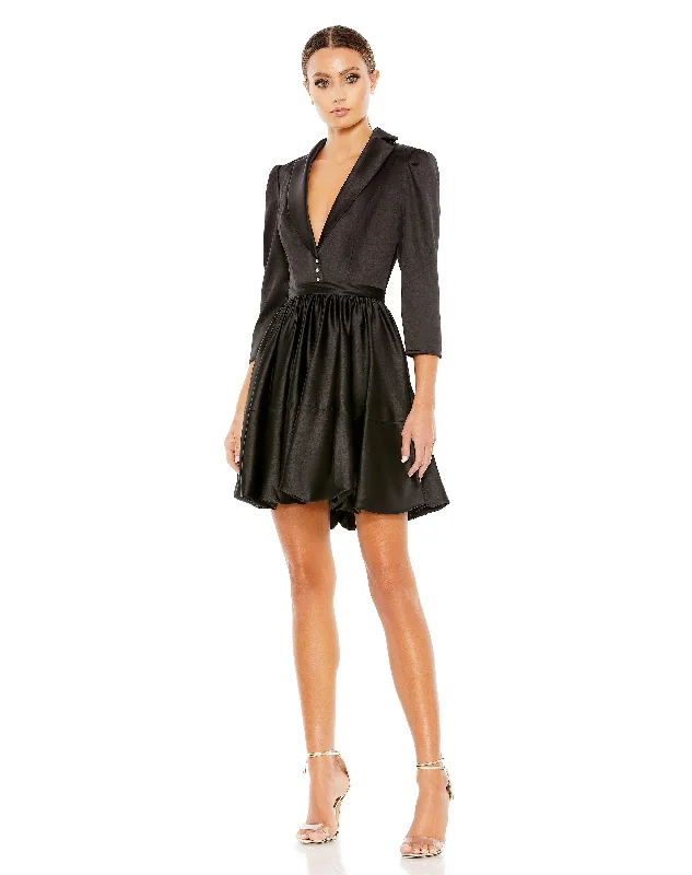 Floor-Length Satin Dress Mac Duggal 26913 Short 3/4 Sleeve Satin Cocktail Dress