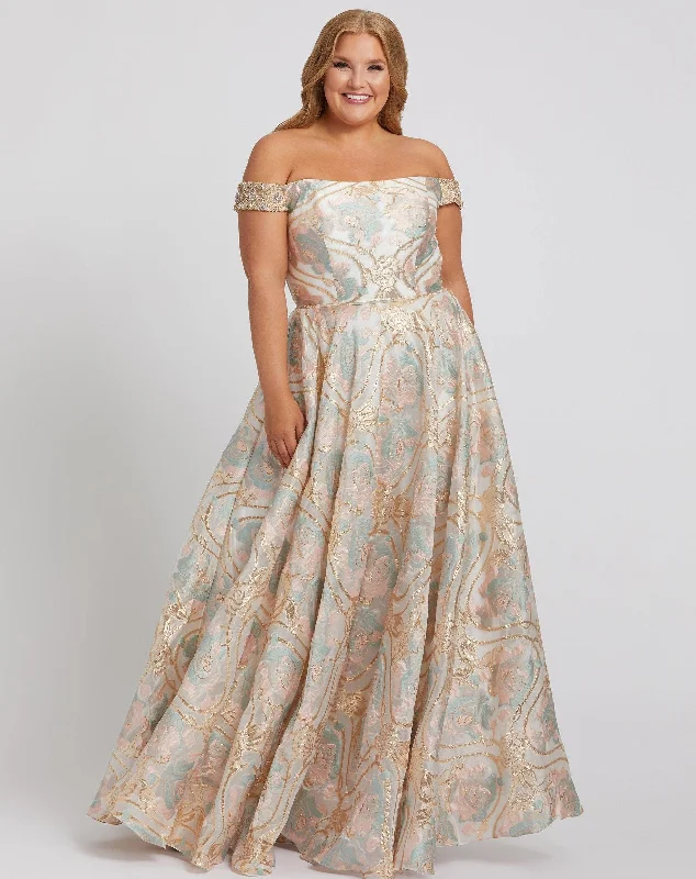 Eye-Catching Satin Gown Mac Duggal 48983 Long Plus Size Off Shoulder Dress