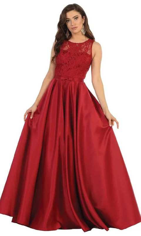 Sequin Maxi Dress May Queen - MQ1688 Lovely Lace Tank Bow Accent Satin Long Dress
