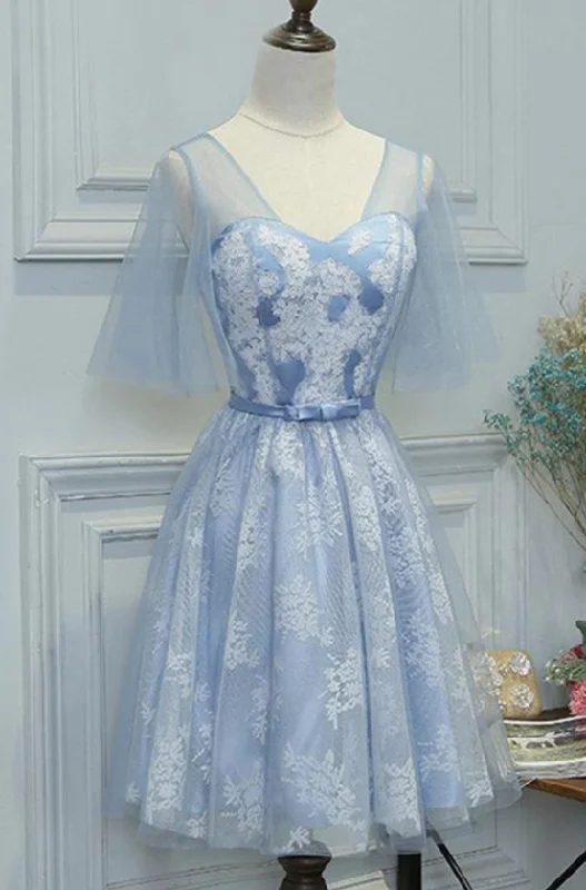 Draped Formal Dress Mini Short Prom Dress, Blue lace short prom dress with sleeves, short bridesmaid dress with bowknot,DP24582 Draped Formal Dress Mini Short Prom Dress, Blue lace short prom dress with sleeves, short bridesmaid dress with bowknot,DP24582