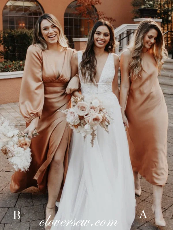 Elegant Tulle Gown Mismatched Fashion Elastic Satin Column Long Bridesmaid Dresses, CB0163 Elegant Tulle Gown Mismatched Fashion Elastic Satin Column Long Bridesmaid Dresses, CB0163