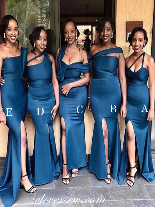 Fancy Embellished Dress Navy Elastic Satin Mismatched Sheath Side Slit Bridesmaid Dresses, CB0192