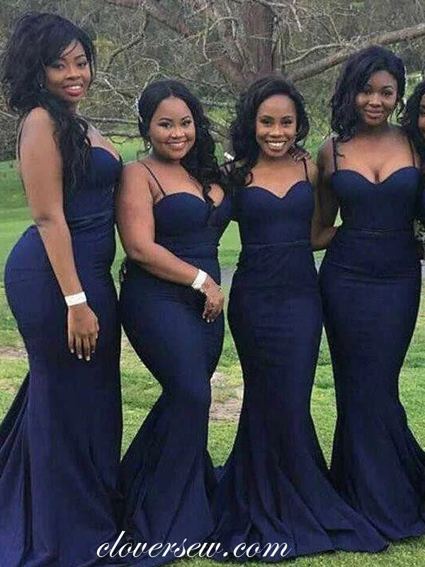 Chic Maxi Dress Navy Spaghetti Strap Sweetheart Mermaid Bridesmaid Dresses, CB0200