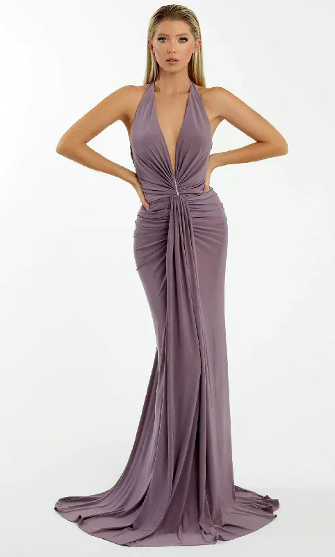 One-Shoulder Satin Dress Nicole Bakti 7066 - Halter V-Neck Evening Dress