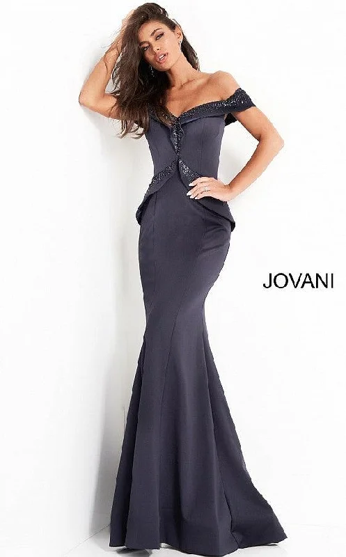 Rhinestone Embellished Dress Jovani 02924 Off Shoulder Long Formal Gown