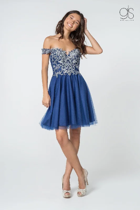 Navy Blue Gown Off Shoulder Short Homecoming Dress Sale