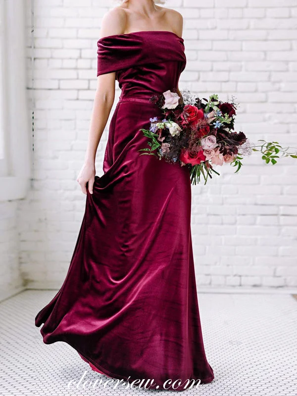 Full Skirt Dress Off The Shoulder Maroon Velvet Fashion Bridesmaid Dresses, CB0208