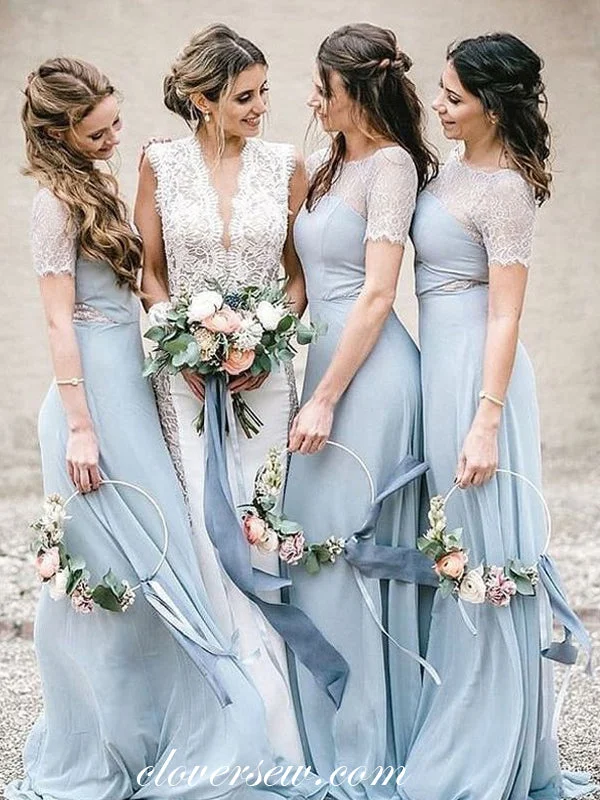 Statement Prom Dress Pale Blue Chiffon Lace Short Sleeves Column Long Bridesmaid Dresses,CB0145 Statement Prom Dress Pale Blue Chiffon Lace Short Sleeves Column Long Bridesmaid Dresses,CB0145