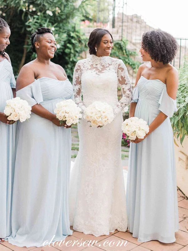 Lush Satin Gown Pale Blue Chiffon Off The Shoulder A-line Bridesmaid Dresses, CB0184 Lush Satin Gown Pale Blue Chiffon Off The Shoulder A-line Bridesmaid Dresses, CB0184