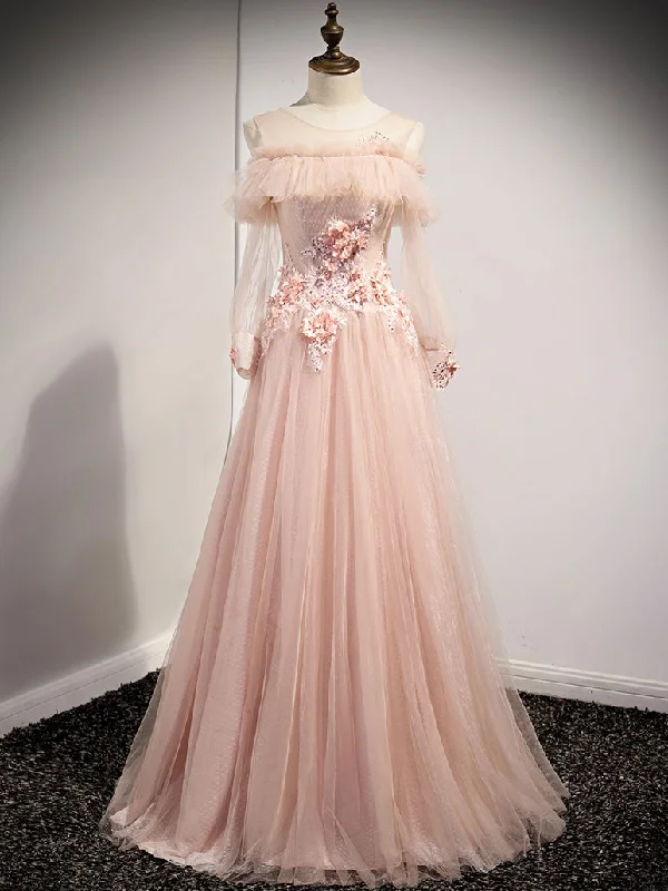 Puffy Formal Dress Pink round neck tulle lace long prom dress, pink lace bridesmaid dress,DS1936 Puffy Formal Dress Pink round neck tulle lace long prom dress, pink lace bridesmaid dress,DS1936