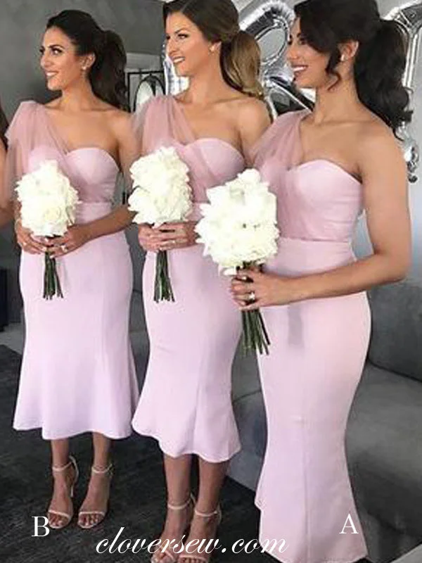 Hollywood-Inspired Gown Pink Satin One Shoulder Sheath Mismatched Bridesmaid Dresses, CB0150 Hollywood-Inspired Gown Pink Satin One Shoulder Sheath Mismatched Bridesmaid Dresses, CB0150