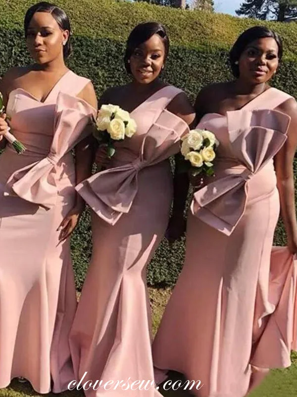Empire Waist Gown Pink Satin One Shoulder With Bowknot Sheath Bridesmaid Dresses,CB0169 Empire Waist Gown Pink Satin One Shoulder With Bowknot Sheath Bridesmaid Dresses,CB0169